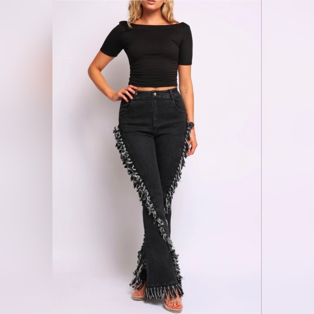 NEW!!! Black Fringed Flare Jeans - Women, Curvy, Plus, Sz 2X, NWT